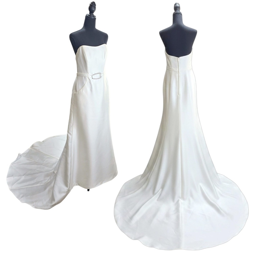 Oleg Cassini Wedding Dress Gown 8 Ivory Strapless Belted Pockets Bride Reception